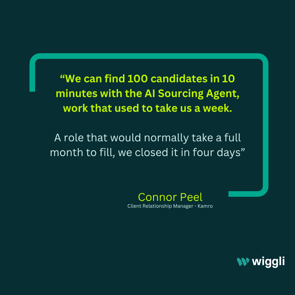 Connor Peel, Client Relationship Manager at Kamro: “We can find 100 candidates in 10 minutes with the AI Sourcing Agent, work that used to take us a week. A role that would normally take a full month to fill, we closed it in four days.”